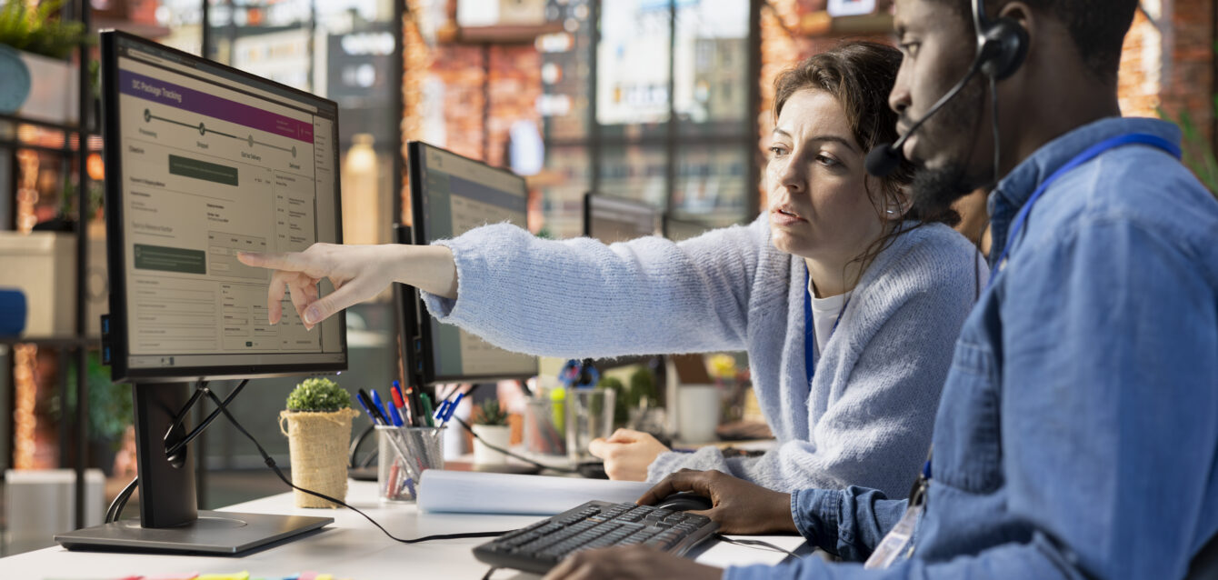 Call center agents collaborating to track lost customers shipments
