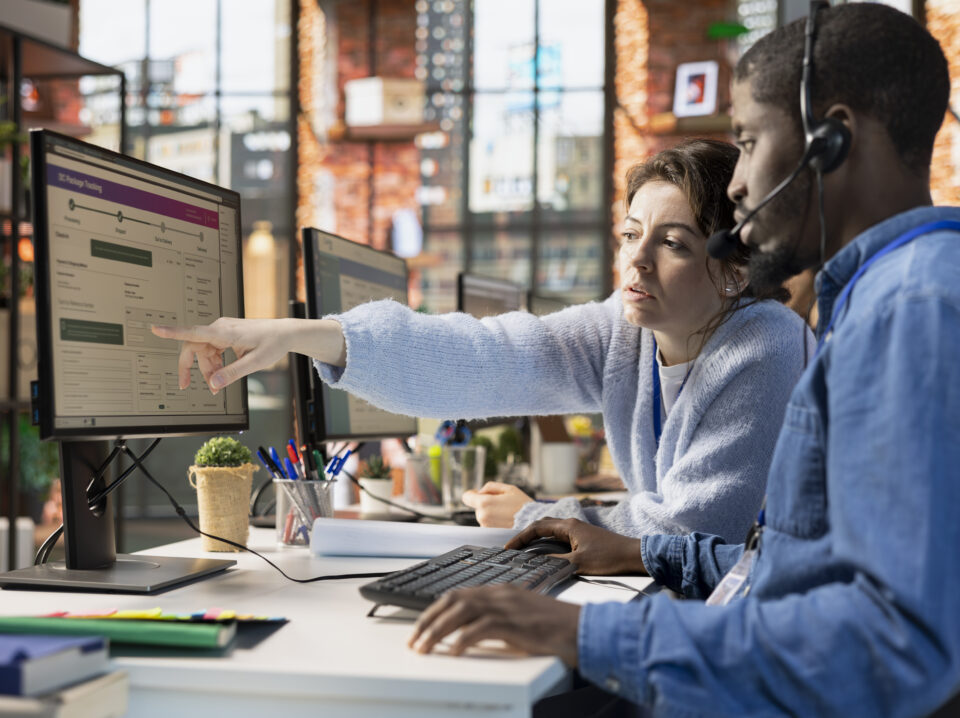Call center agents collaborating to track lost customers shipments